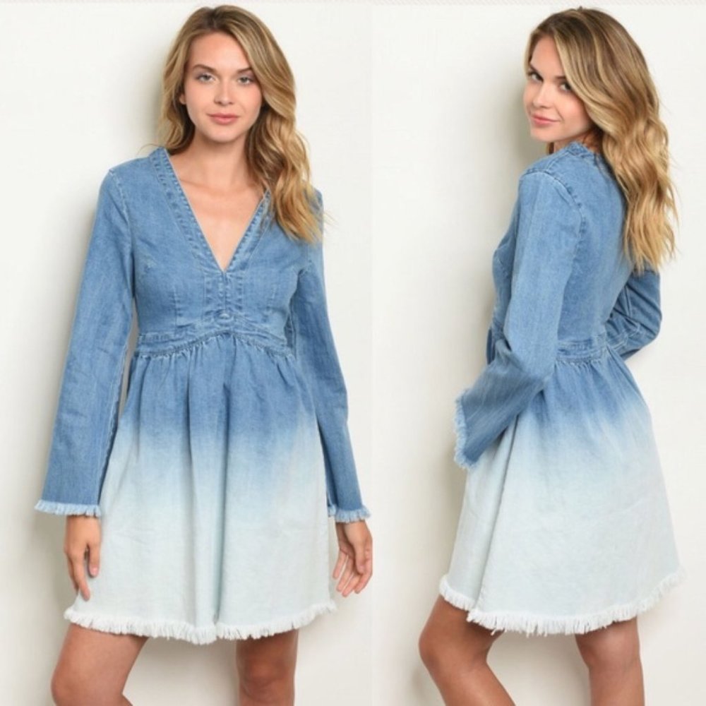 Small Blue White Ombre Denim Long Sleeve Acid Wash Mini Dress